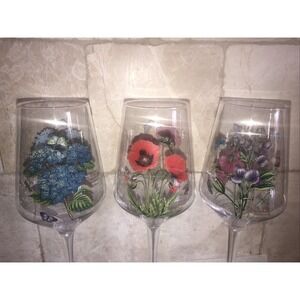 3 Portmeirion Botanic Garden 9‎ 3/4" Hydrangea, Sweet Pea &poppy Wine Glasses